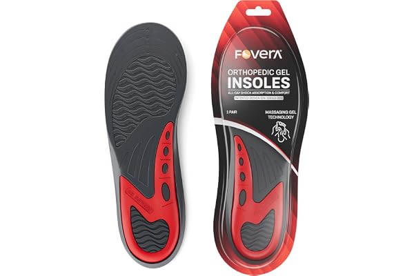 FOVERA Gel Insoles Pair for Walking, Running, Sports, Formal and Safety Shoes - All Day Comfort with Dual Gel Technology - Full Length Sole for Every Shoe (Male, Red, Pack of 1 Pair)