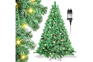 Ikodm Sapin de Noël artificiel avec éclairage, 210 cm, vert, PVC, automatique, avec 400 LED blanc chaud, guirlande lumineuse et support en métal, difficilement inflammable