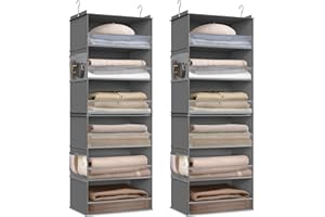 SONGMICS Organizador Colgante, Juego de 2, Organizadora de Armario, Estante Divisible, Almacenamiento Plegable y Ahorra Espacio, Ganchos de Metal y Soporte de Bambú, Gris Paloma RCH008G01