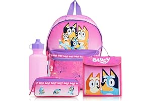 Bluey Backpack 4 Piece School Set for Girls with Lunch Bag, Water Bottle & Pencil Case | Kids Backpack with Kangaroo Front Pocket & Mesh Side | Back to School Supplies | for Ages 2 to 7 Years