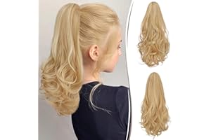 RUWISS Doble Uso Clip Extensión Cola de Caballo Largo Ondulado Rizado Coleta Postiza Sintética Ponytail Postizos con Pinza de Aspecto Natural para Mujeres 45cm,Mechas Rubio Dorado & Beige Rubio