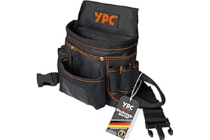 YPC Presto Werkzeug Gürteltasche XL – Werkzeuggürtel, Arbeitsgürtel, wasserfeste Werkzeugtasche mit Hammerschlaufe, reißfester Nylongürtel, 12 Taschen, Schwarz, 27x21x13cm – 5 kg Tragkraft