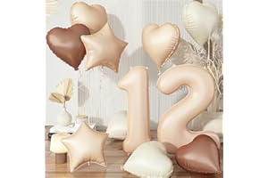 GOVPY Folienballon 12 Braun, Nude Creme Ballons 12 Neutraler Helium Stern Ballon Herz Luftballons Deko, Groß Beige Aprikose Zahl 12 Luftballon für Mädchen 12. Geburtstag Party Hochzeit Jubiläum Dekoration