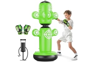 QPAU Rotatif à 360° Punching Ball pour Enfants, 162,6 cm Gonflable Sac de Frappe pour Enfant 6-14, Sac de Boxe Set pour Pratique du Karaté, Taekwondo