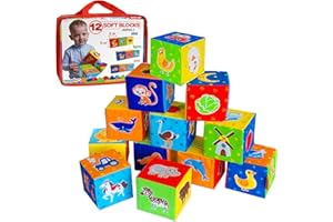 MAGDUM MACIK 12 Cubi in stoffa morbidi – Fattoria + ZOO + Mare - Giochi - Giocattoli neonato per 3-6 mesi – Mattoncini bambino 1 anno fino a 18 mesi - Giocattoli soffici