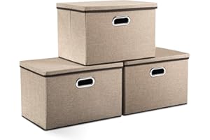 PRANDOM Aufbewahrungsbox mit Deckel Groß,Faltbarer Leinen Stoff Aufbewahrungsboxen, Aufbewahrungskorb mit Griff,Dekorative Stapelboxen,Organizer Container,Khaki[3-stück] 43x30x30cm