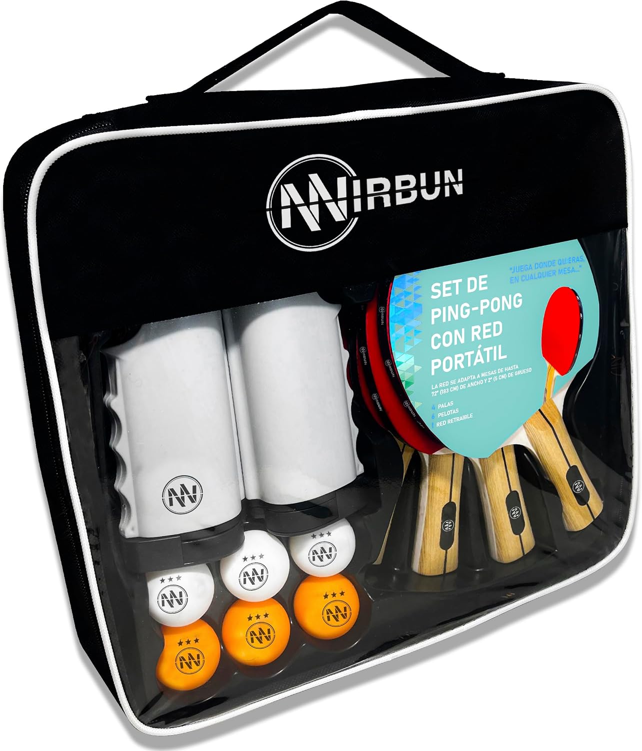 NIRBUN Set Ping Pong Con Red Extensible - Palas Profesionales - Pelotas 3 Estrellas - Red Ajustable Para Mesa - Set Portátil