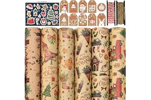 FullJoyHut Papel de Regalo Kraft Navidad con 6 Hojas Reciclable Papel de Regalo Navideño 70x50cm,10 Etiquetas Regalo,12 pegatinas,2 Rollo Hilo Yute Cuerda Algodon para Decoración Navideña