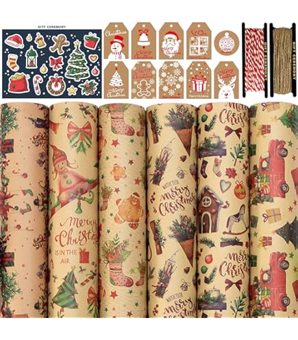 Carta Da Regalo Natale Kraft - 6 Fogli 70x50 Cm, Con Etichette E Cordini - Foto 4