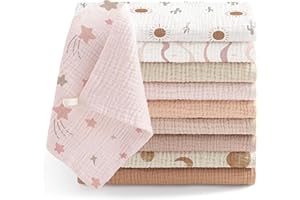 Bearmoss Muselinas Bebe 25x25cm,10 Piezas 100% Algodón Super Suave Transpirable y Extremadamente Absorbente Gasas para Bebes, Muselinas de Algodón para Recién Nacidos Bebés (Marrón rosáceo)