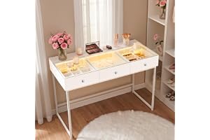FENCHILIN Sminkbord med LED-belysning, 3 justerbara ljuslägen, 3 lådor och genomskinlig glasbricka för sovrum, 120 x 81 x 55