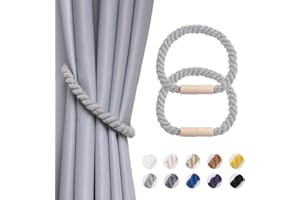 Pretty Jolly 2 Stück Magnetische Vorhang Raffhalter aus Holz, Boho, Heimdekoration, drapierte Raffhalter, handgefertigt, Baumwollseil, Vorhanghalter für Zuhause und Büro, Fenstervorhänge (Hellgrau)