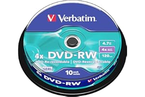 ‎VERBATIM Verbatim DVD-RW 4x Matt Silver 4.7GB, 10er Pack Spindel, DVD Rohlinge beschreibbar, 4-fache Brenngeschwindigkeit & Hardcoat Scratch Guard, DVD leer, Rohlinge DVD wiederbeschreibbar