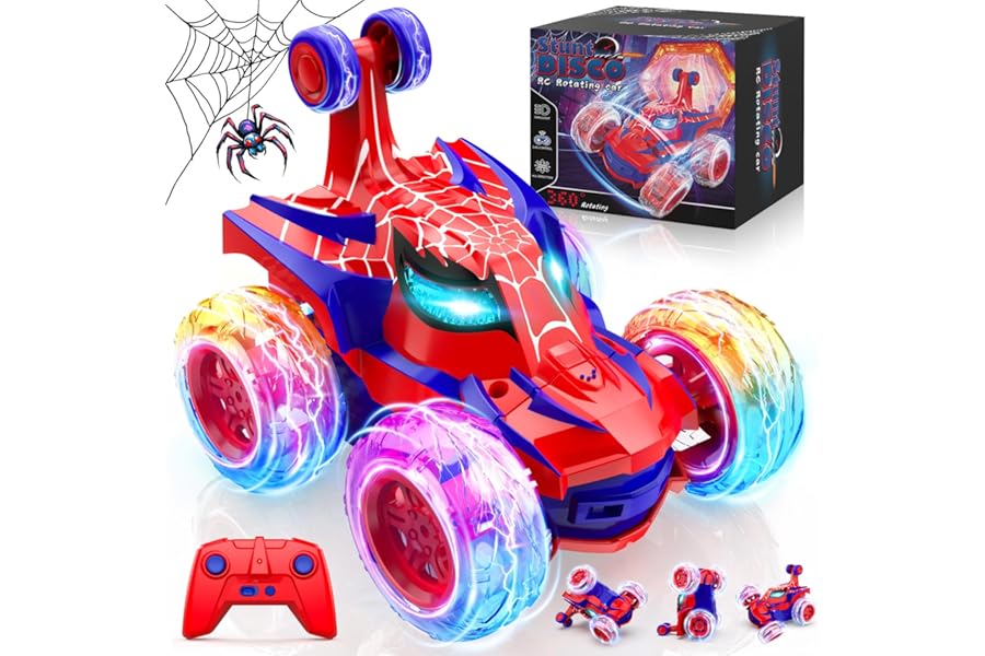 Boocang Remote Control Cars, 2.4Ghz Monster Truck with Colourful Light Spider Car Toys for Boys Girls 3 4 5 6 7 8 9 10 Years Old, 360° Rotation Stunt RC Crawler for Kids Birthday Presents