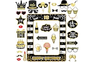 SPOKKI Photograph Inflatable Background 18, Photo Booth Frame 18th Party Decorations, 34 Pcs Different Black & Gold Photo Props For Birthday Party, Birthday Inflatable Selfie Frame For Boys & Girls