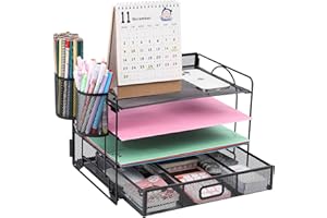 Vikmyer Organizer per File Desktop a 4 Vassoi, Organizer per Scrivania in Rete per Ufficio, Organizer per Documenti, Vassoio per Lettere con Cassetto per Ufficio a Casa(2 portapenne)