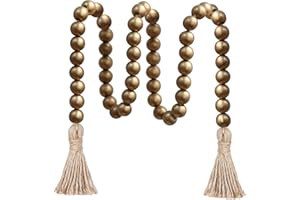 Meplait 39in Wood Bead Garland with Tassels, Farmhouse Rustic Decor Prayer Beads Boho Tassel Garland Wall Hanging Home Decor (Gold)