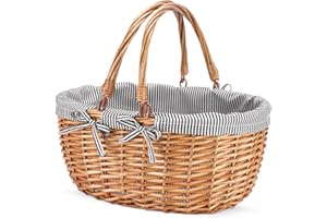 G GOOD GAIN Cestino da Picnic,Cesto in vimini con Doppi Manici Pieghevoli Fodera,Cesto da Picnic in Salice, Cesto Intrecciato Mano Naturale,Cesto per Imballaggio Regalo,Cesto per Uova di Pasqua,Grigio