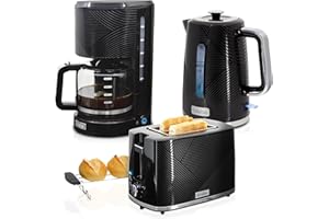briebe Elegance Set Tostadora Pan Ranura Ancha 2 Rebanadas + Hervidor Agua Eléctrico 1,7L Inalámbrico 2200W Libre BPA + Cafetera Goteo Filtro 10 Tazas 1,25L, Pack Desayuno Diseño Moderno, Negro