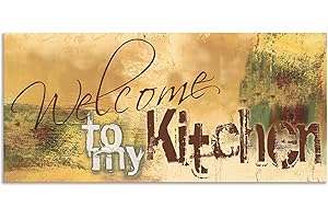 ARTland Spritzschutz Küche aus Alu für Herd Spüle 120x55 cm (BxH) Küchenrückwand mit Motiv Spruch Shabby Landhaus Kunst Willkommen Ocker H6ZJ