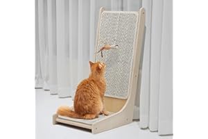 PETKARAY Grattatoio per gatti 105°, Tappetino in sisal per gattini, Tavola per graffiare a forma di L per gatti da interno, Grattatoio montato a terra con giocattolo a forma di topo e erba gatta