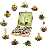 Creano Teeblumen Geschenkset in Teekiste aus Holz 12 Erblühtee in 11 Sorten weißer Tee, grüner Tee, schwarzer Tee…