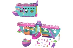 Polly Pocket Set da gioco portatile con barca con giochi d'acqua e accessori che cambiano colore, Unicorn Dream Cruise include 1 bambola e 23 pezzi totali (esclusiva Amazon)