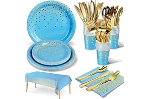 NKAISO 141 Stück Himmelblaugold Partygeschirr, Pappteller Kindergeburtstag Set, ​Geburtstag Party Geschirr, Partyzubehör Papier Wiederverwendbar Geschirr Set einschließlich Papier Teller Becher -20 Gäste