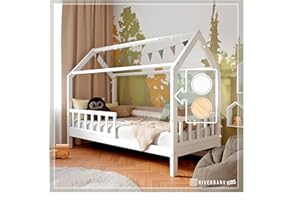 ‎RIVERBANK RIVERBANK® Hausbett 90x200 - Kinderbett mit Rausfallschutz und Lattenrost, Weiß, Massives Kiefernholz - Montessori Bett, Kinder, Jungen, Mädchen, Kids Bed, Bodenbett auf Anfrage