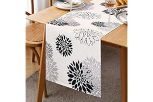 INHOBBOK Runner da Tavolo Dalia Nero Grigio Lino Fiore Moderno Attraente 33x183cm Fattoria Geometrico Tavolo Centro Decor Boho Runner da Tavolo per Soggiorno Armadio Pranzo Festa Patio