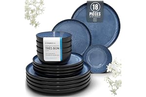 PURE LIVING INTERIOR DESIGN Service de Vaisselle en Grès Ibiza 18 pièces: Service de Table pour 6 Personnes, Adapté au Lave-Vaisselle et au Micro-Ondes, Pure Living Noir en Bleu Profond, Assiettes Service de Table, Vaisselle