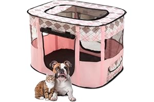 ALLSOPETS Faltbarer Haustierstall Tragbarer Katzen Laufstall Hunde Zelt Hundekäfig für Hund Welpe Freigehege Hundebox Kaninchen Zwinger mit Tragbar Handtasche (Rosa Karo, XL)