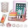 JUOPIEA Desk Organizers and Accessories Office Supplies Organizer with Pen Holder, 72 Clips Set and Phone Stand, Metal Mesh Desktop Organizers with Drawer for Home, Office, School Ect (Rose Gold)