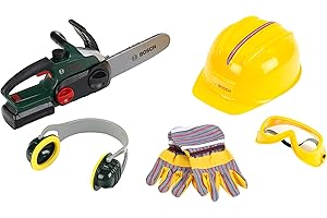 Theo Klein 8532 Bosch Kettensäge mit Zubehör | Batteriebetriebene Säge mit Sound- und Lichtfunktion | Inkl. Arbeitsschutzzubehör | Spielzeug für Kinder ab 3 Jahren