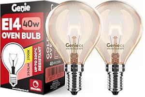 GENIE E14 Screw Oven Bulb 40W 230V SES Pygmy (Pack of 2) Oven-Rated 300°C Heat Tolerant Golf Ball Lamps for Philips, Neff, AEG, Smeg, Zanussi & Bosch Ovens (40, Watts)