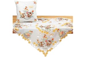 Quinnyshop Ostern Tischdecke/Tischläufer Weiß mit gelben Tulpen Stickerei - Größe wählbar (ca. 85 x 85 cm)