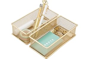 Annova Mesh Drawer Cabinet and Shelf Organizer Bins Storage Basket School Office Supply Holder Tray- Set of 2 (Gold, 15x7.5x5 cm)