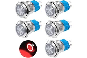 QIMEI-SHOP Pressure Switch Waterproof 16 mm Switch 12-24 V 3A Momentary Button Switch Brass 5 Pin with Red Ring LED Light for Car Boat Motorcycle Pack of 5