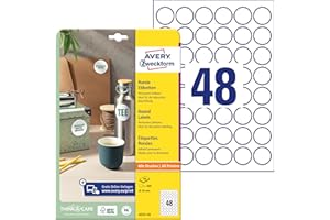 ‎AVERY ZWECKFORM AVERY Zweckform 6223-10 Runde Etiketten (480 Klebepunkte, Ø30mm auf A4, runde Aufkleber zum Bedrucken, selbstklebende Produktetiketten, permanent haftende Marmeladenetiketten) 10 Blatt, weiß