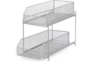 Shinoske Scaffale portaoggetti per armadietto, Organizer Sottolavello Cucina, con 2 cassetti scorrevoli, per Ufficio Cucina Bagno, Argento
