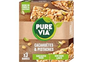 Pure Via Barres de Céréales Cacahuètes & Pistaches – Riches en Fibres et Protéines - Sans Gluten et sans sucre Ajouté | 3 X 35g