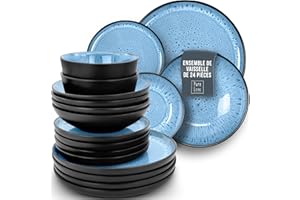 PURE LIVING INTERIOR DESIGN Service de Vaisselle en Grès Ibiza 24 pièces: Service de Table pour 6 Personnes, Adapté au Lave-Vaisselle et au Micro-Ondes, Pure Living Noir en Bleu Profond, Assiettes Service de Table, Vaisselle