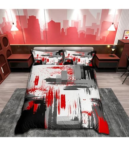 Parure De Lit Nid D'Abeille Hexagonal 220x240 Cm Rouge Noir – Housse De Couette Géométrique Moderne Respirante