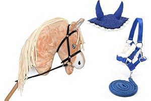 HORSE ACADEMY Hobby Horse Palomino pour Hobby Horsing pour Enfants et Adolescents de 7 à 20 Ans- Cheval bâton avec Filet, rênes + Accessoires Bonnet et Licol moumoute