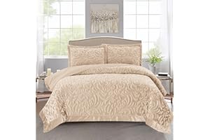 PHP Super Soft Velvet Quilted Bedspread King Size Bedding Set 3 Piece with Matching Shams - Warm Quilt Blanket for Bedroom Decor for Teen Girls - Beige