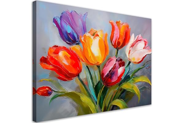 Feeby Impression sur toile - Bouquet de tulipes multicolores - decoration chambre - 60x40 cm - decoration murale - decoration maison - Moderne - ART - poster mural