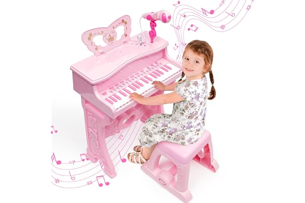 Piano pour Enfants-Instrument de Musique électronique avec 37 Touches pour Filles,Cadeau,Jouet éducatif avec Pieds Amovibles,Microphone,Plusieurs Modes de Musique,Lumière,Tabouret (Rosa)