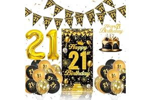 QIFU 21st Birthday Decorations Set - Black And Gold Balloons, Birthday Banner, Cake Topper For Him Her, Black Gold birthday Party Decorations Supplies