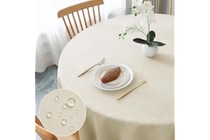 AooHome Tischdecke Rund Φ120cm, Beige Leinen-Optik Tischdecken Abwaschbar Tischtuch aus Polyester Wasserabweisend mit Lotuseffekt, Dauerhaft Kratzfest für Wohnzimmer, Esszimmer, Balkon, Garten