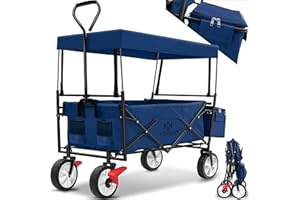KESSER® Chariot de Transport Pliable avec Toit | Charrette à Bras | Chariot à roulettes | Remorque de Transport | 2 Poches en Mesh et Une Poche extérieure fournies | Pliable, Bleu Marine